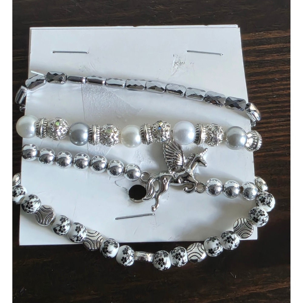 Silver Tone Beaded Stretch Bracelet Set 4pc Winged Unicorn Charm Faux Pearl